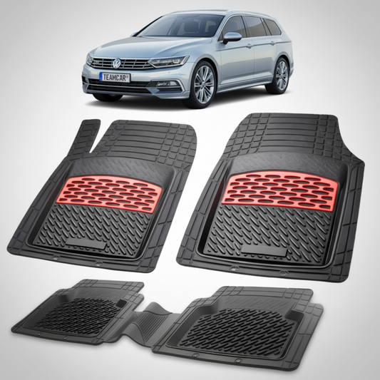 set de covorase din cauciuc negre cu accente rosii cu un volkswagen passat b8 combi gri metalizat in fundal