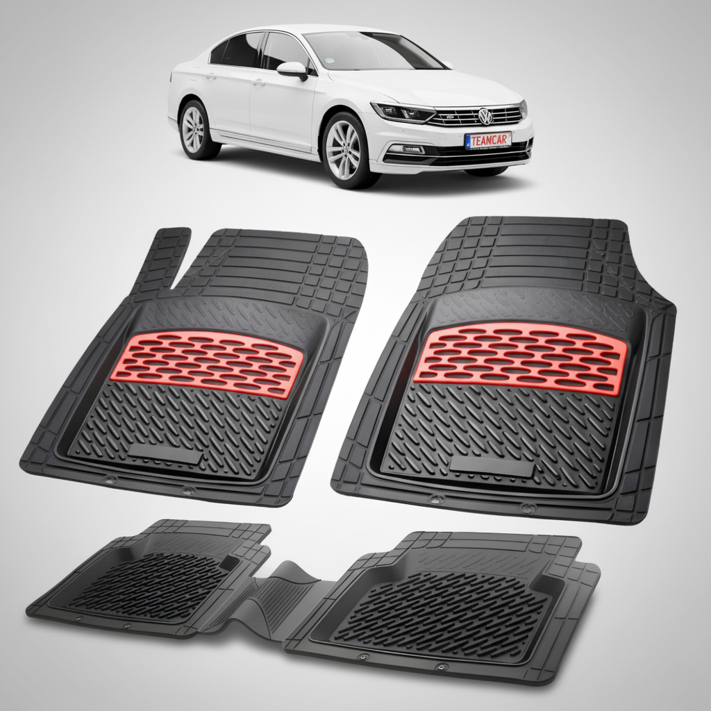 set de covorase din cauciuc negre cu accente rosii cu un volkswagen passat b8 sedan alb in fundal