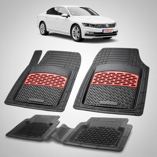 set de covorase din cauciuc negre cu accente rosii cu un volkswagen passat b8 sedan alb in fundal