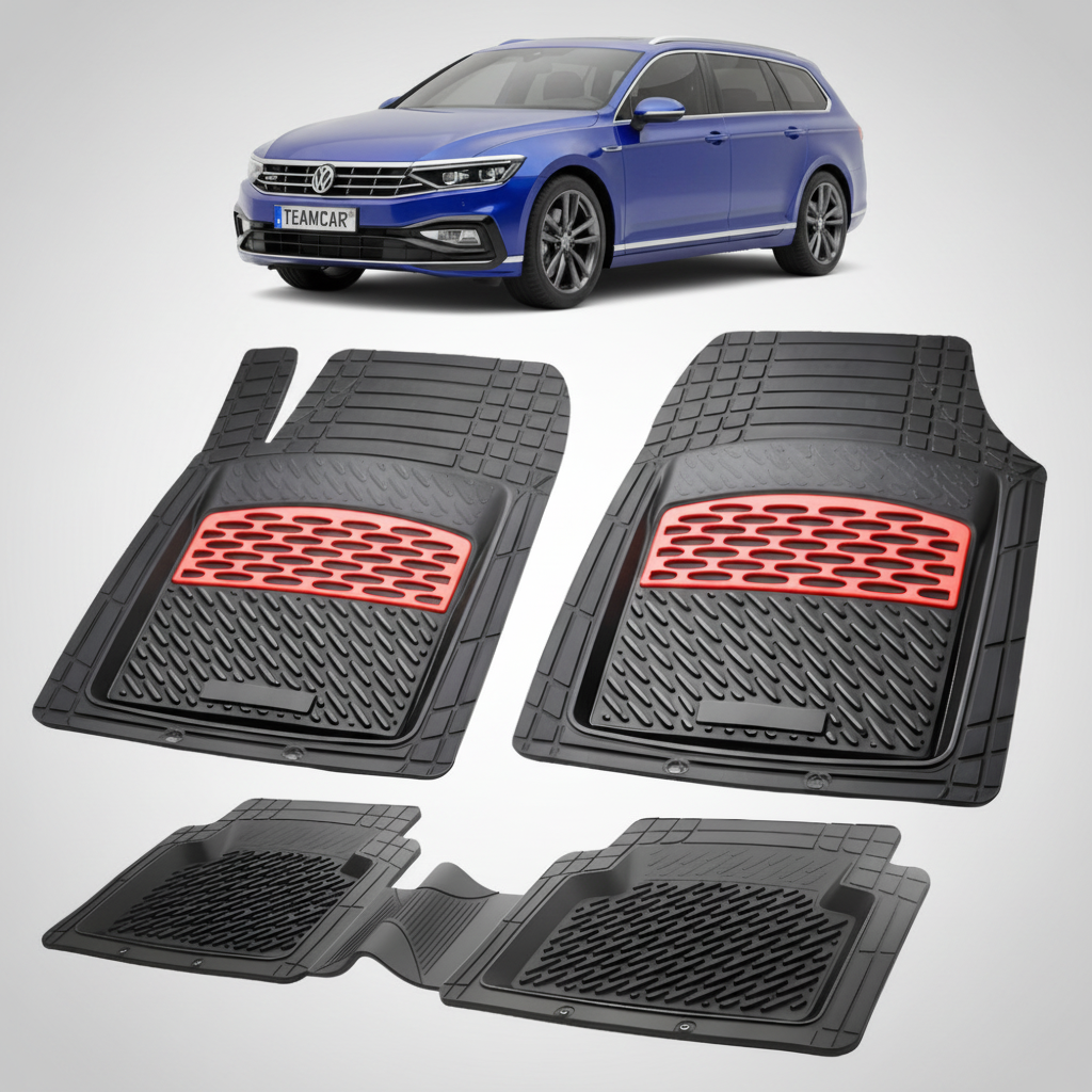 set de covorase din cauciuc negre cu accente rosii cu un volkswagen passat b8 variant break albastru in fundal
