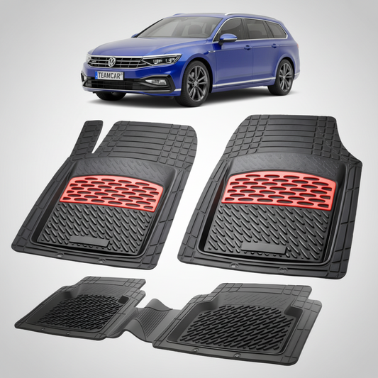 set de covorase din cauciuc negre cu accente rosii cu un volkswagen passat b8 variant break albastru in fundal