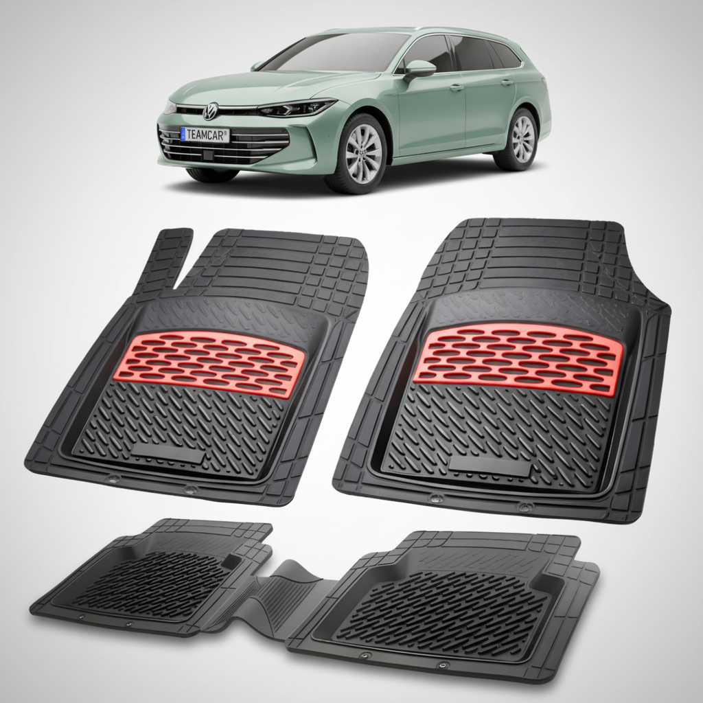 set de covorase din cauciuc negre cu accente rosii cu un volkswagen passat b9 variant break verde metalizat in fundal