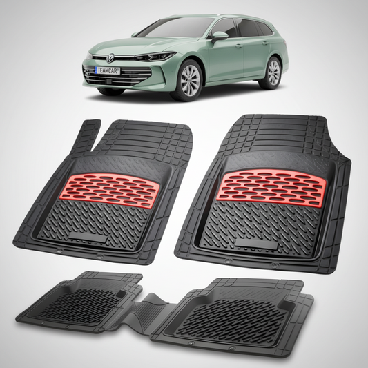 set de covorase din cauciuc negre cu accente rosii cu un volkswagen passat b9 variant break verde metalizat in fundal