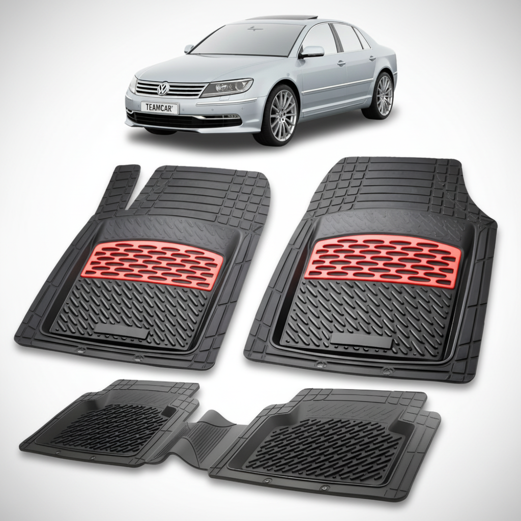 set de covorase din cauciuc negre cu accente rosii cu un volkswagen phaeton 2 argintiu in fundal