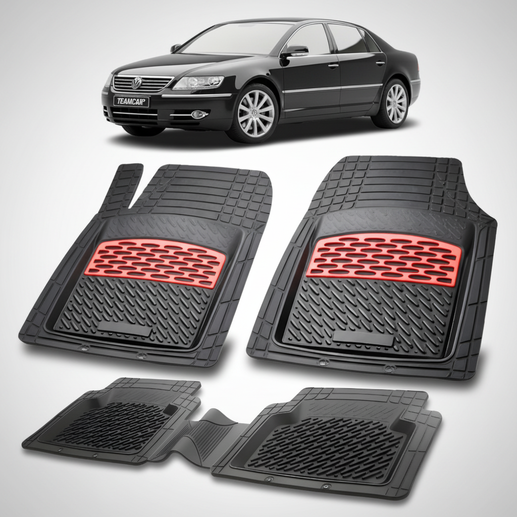 set de covorase din cauciuc negre cu accente rosii cu un volkswagen phaeton negru in fundal