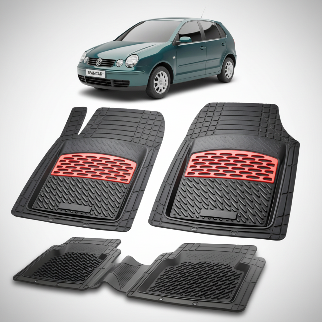 set de covorase din cauciuc negre cu accente rosii cu un volkswagen polo 4 hatchback verde inchis in fundal