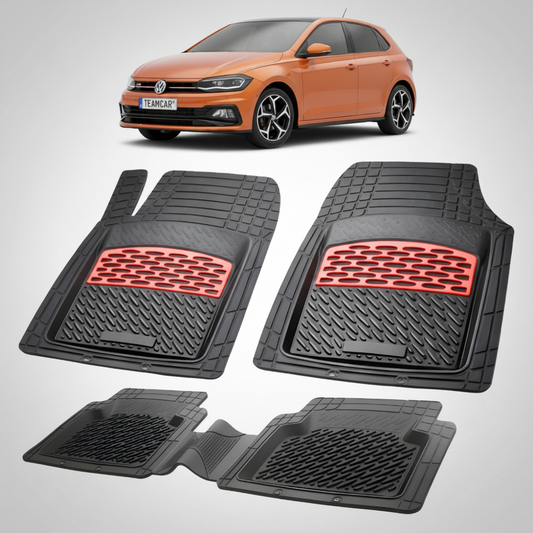 set de covorase din cauciuc negre cu accente rosii cu un volkswagen polo 6 hatchback portocaliu in fundal