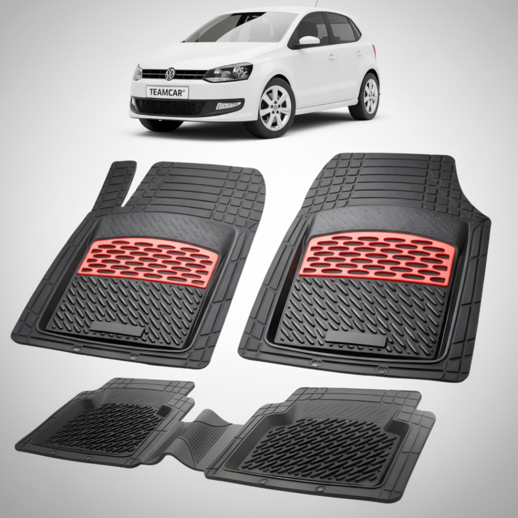 set de covorase din cauciuc negre cu accente rosii cu un volkswagen polo mk5 6r 6c hatchback 5 usi alb in fundal
