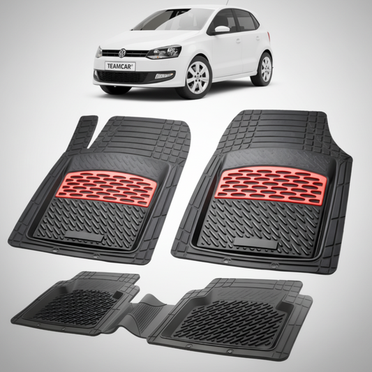 set de covorase din cauciuc negre cu accente rosii cu un volkswagen polo mk5 6r 6c hatchback 5 usi alb in fundal