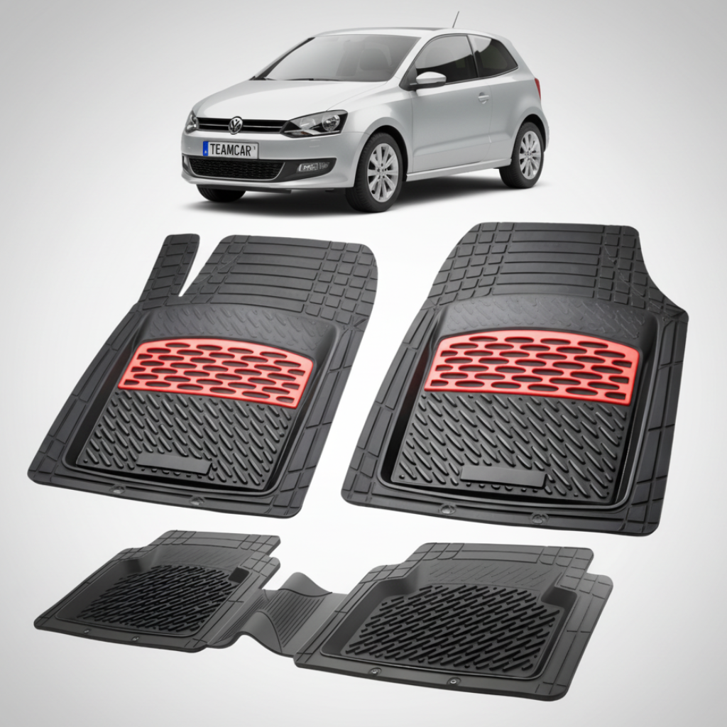 set de covorase din cauciuc negre cu accente rosii cu un volkswagen polo mk5 6r6c hatchback 3 usi argintiu in fundal
