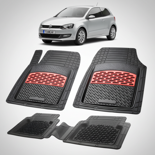 set de covorase din cauciuc negre cu accente rosii cu un volkswagen polo mk5 6r6c hatchback 3 usi argintiu in fundal