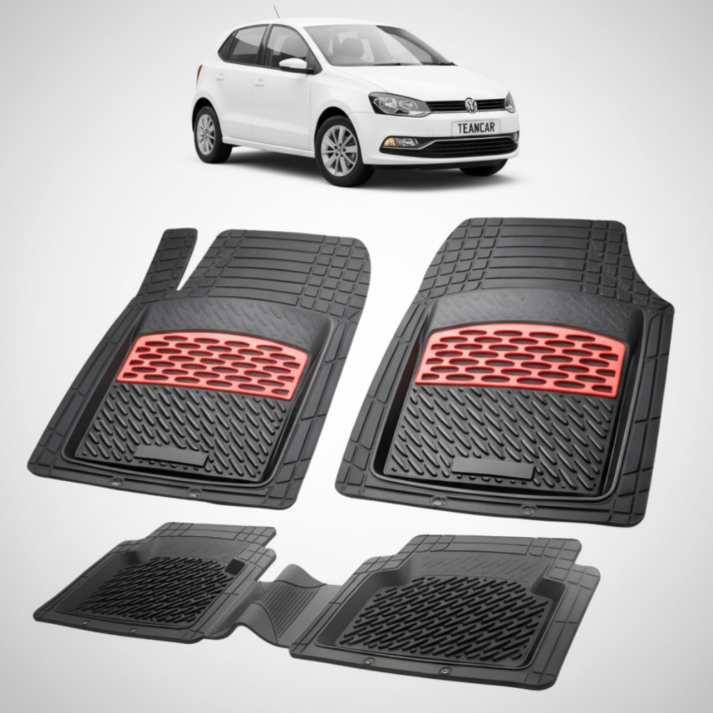 set de covorase din cauciuc negre cu accente rosii cu un volkswagen polo v hatchback alb in fundal