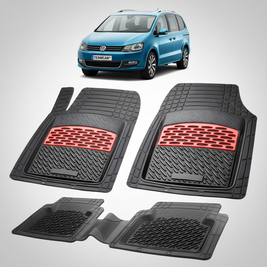 set de covorase din cauciuc negre cu accente rosii cu un volkswagen sharan 7n mpv albastru in fundal
