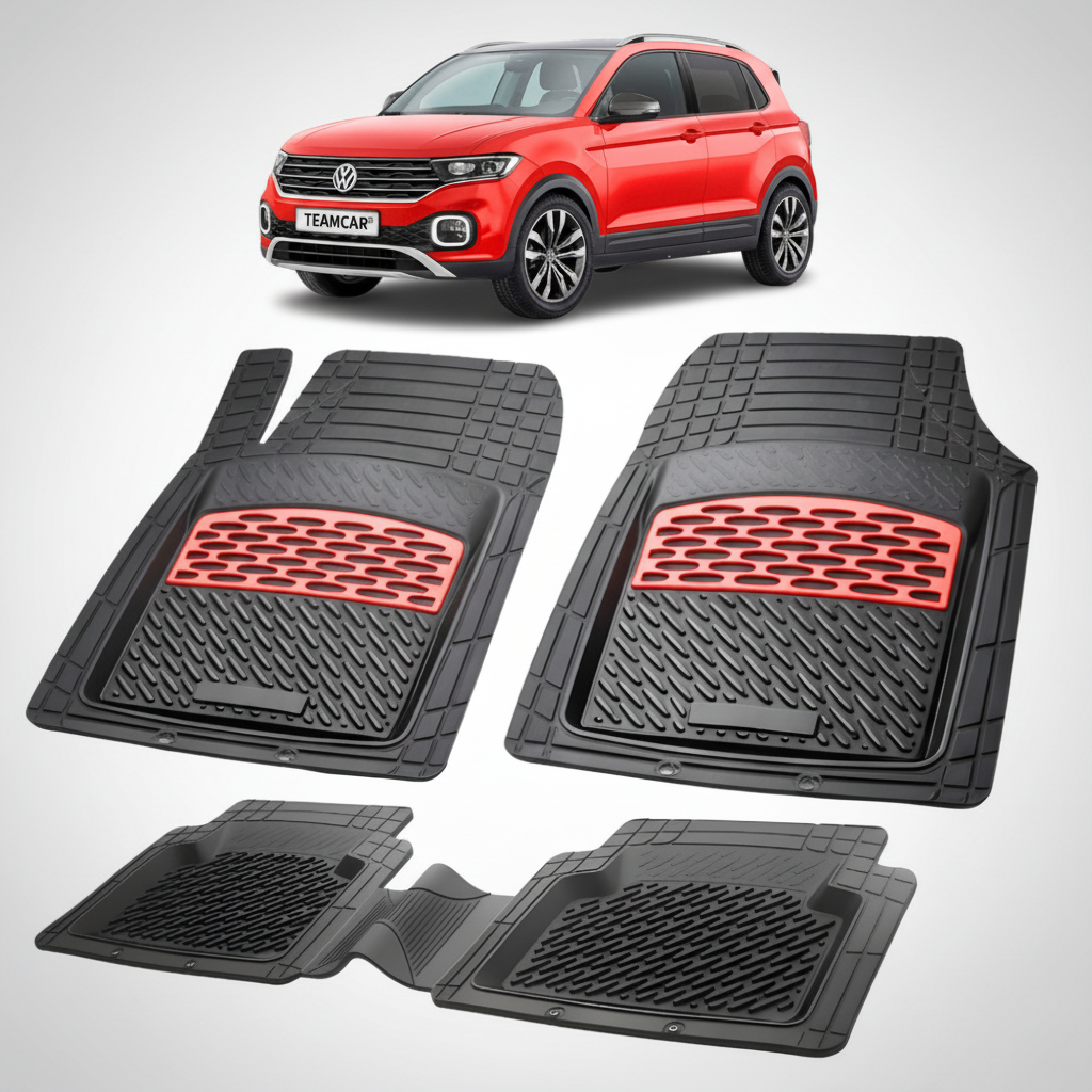 set de covorase din cauciuc negre cu accente rosii cu un volkswagen t-cross c11 rosu in fundal