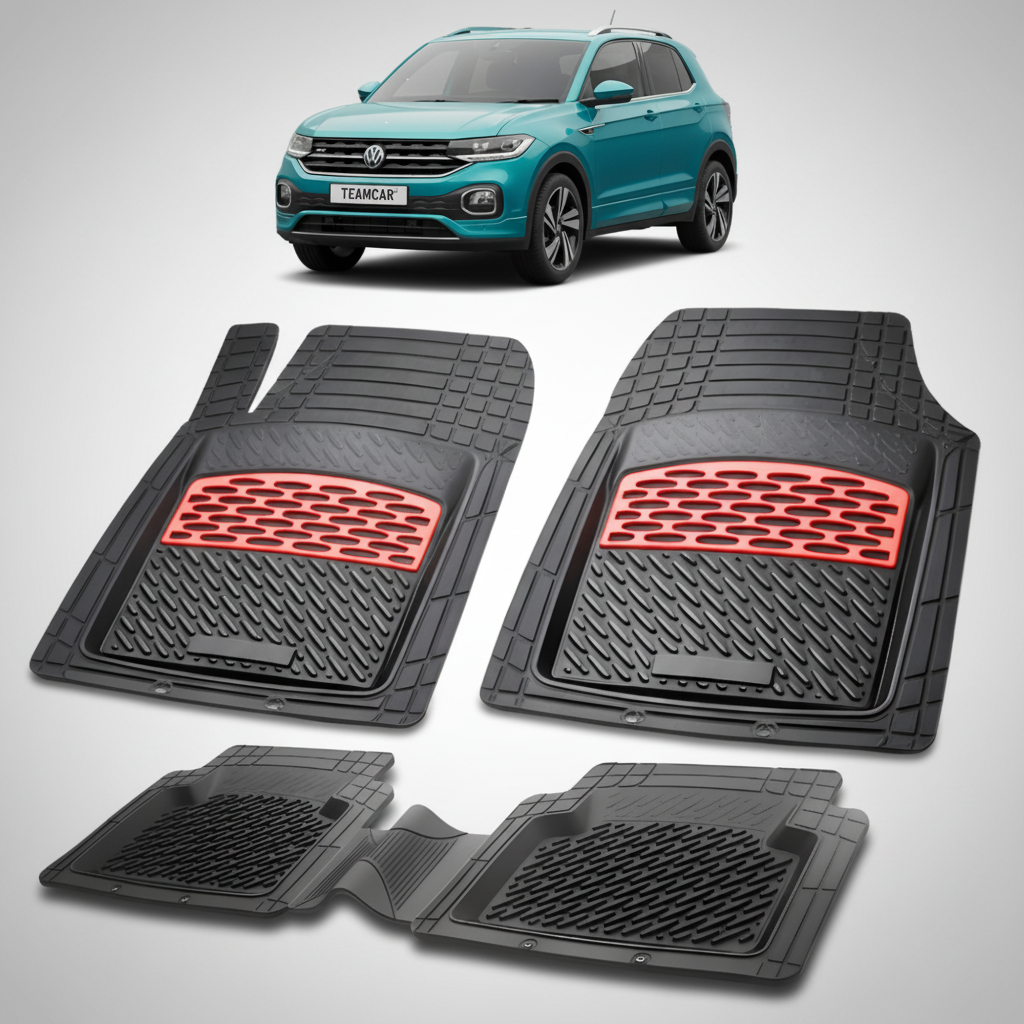 set de covorase din cauciuc negre cu accente rosii cu un volkswagen t-cross i albastru id.3 albastru in fundal