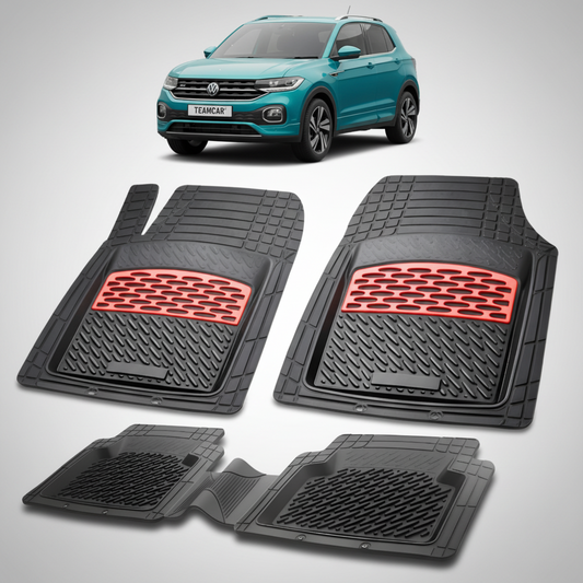 set de covorase din cauciuc negre cu accente rosii cu un volkswagen t-cross i albastru id.3 albastru in fundal