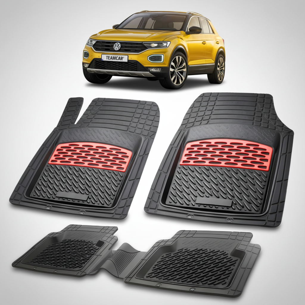 set de covorase din cauciuc negre cu accente rosii cu un volkswagen t-roc a11 suv auriu in fundal