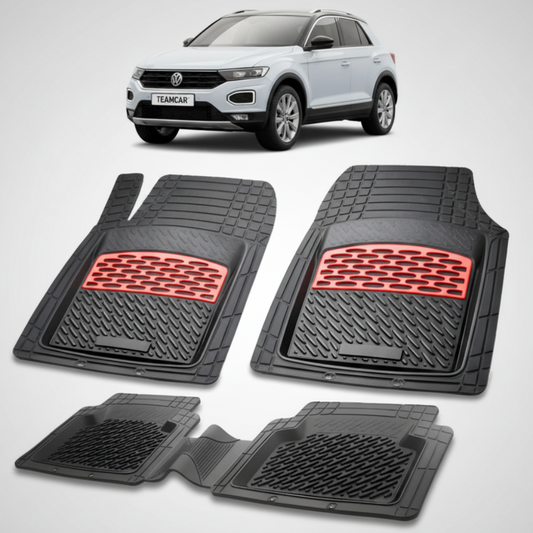 set de covorase din cauciuc negre cu accente rosii cu un volkswagen t-roc I gri in fundal