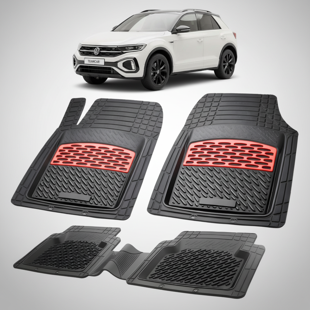 set de covorase din cauciuc negre cu accente rosii cu un volkswagen t-roc alb in fundal