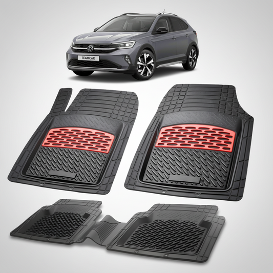 set de covorase din cauciuc negre cu accente rosii cu un volkswagen taigo cs suv coupe gri inchis in fundal