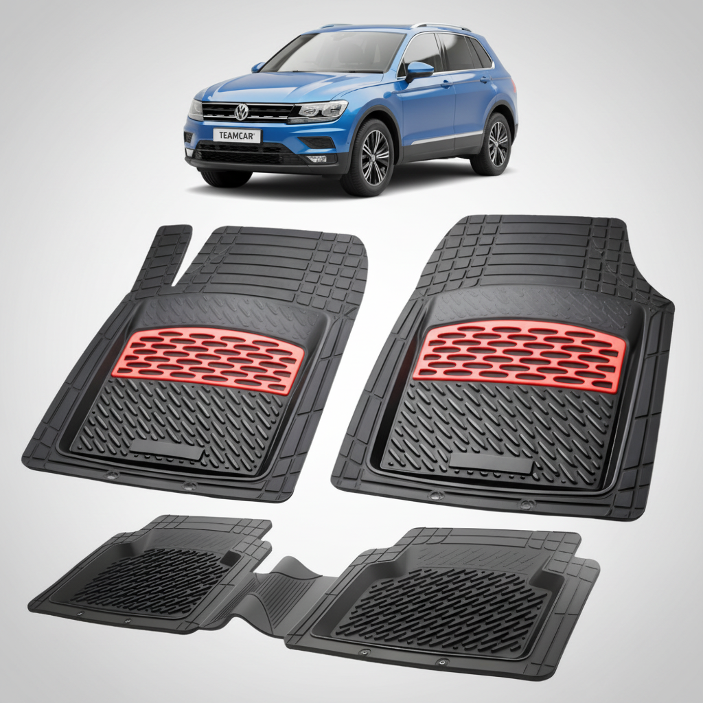 set de covorase din cauciuc negre cu accente rosii cu un volkswagen tiguan 2 albastru in fundal