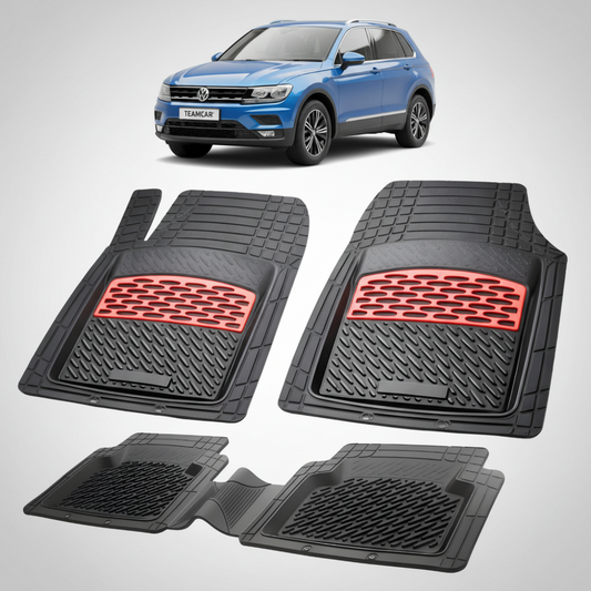 set de covorase din cauciuc negre cu accente rosii cu un volkswagen tiguan 2 albastru in fundal
