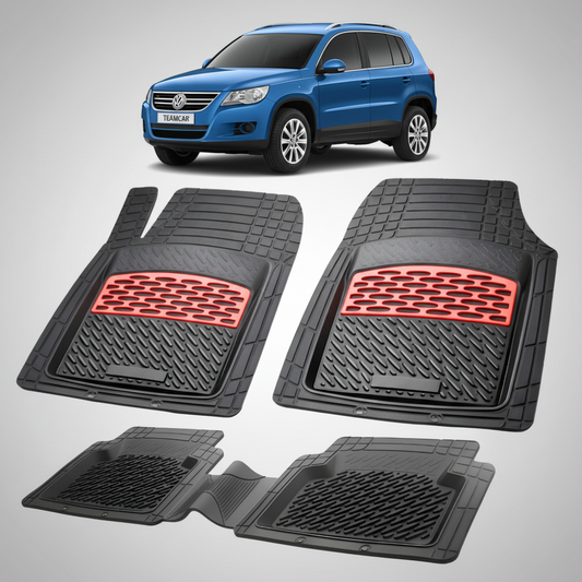 set de covorase din cauciuc negre cu accente rosii cu un Volkswagen tiguan ad1 suv albastru in fundal