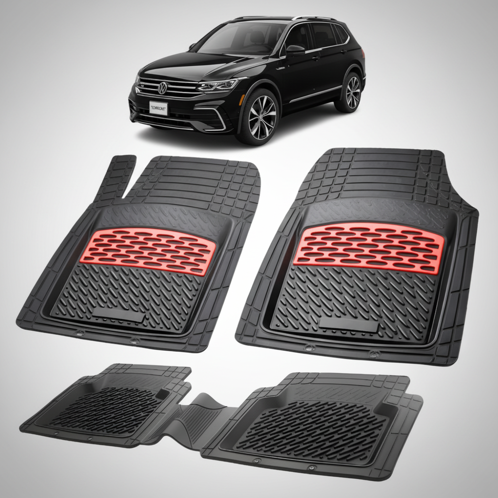 set de covorase din cauciuc negre cu accente rosii cu un volkswagen tiguan bw2 negru in fundal