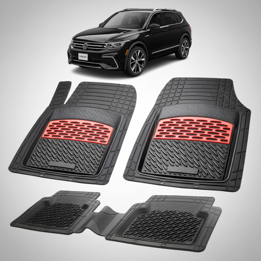 set de covorase din cauciuc negre cu accente rosii cu un volkswagen tiguan bw2 negru in fundal