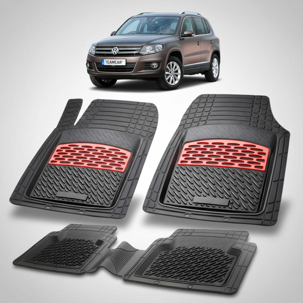 set de covorase din cauciuc negre cu accente gri cu un Volkswagen tiguan I suv maro inchis in fundal