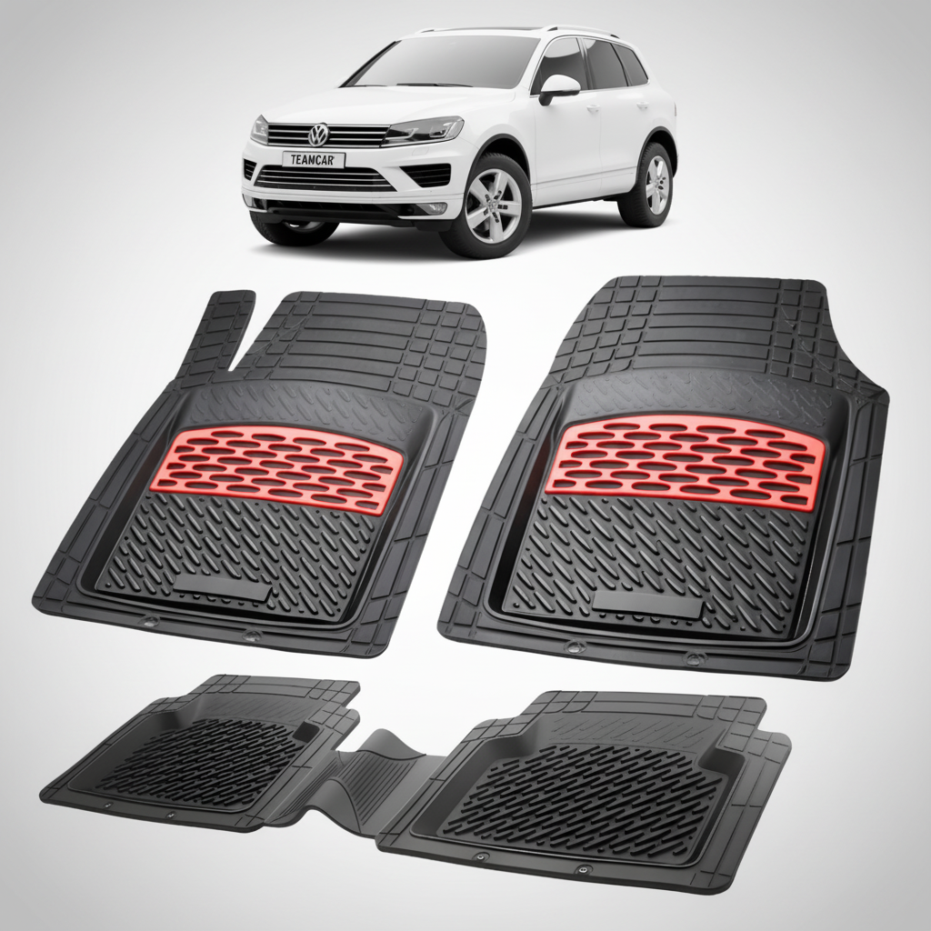 set de covorase din cauciuc negre cu accente rosii cu un volkswagen touareg 2 alb in fundal