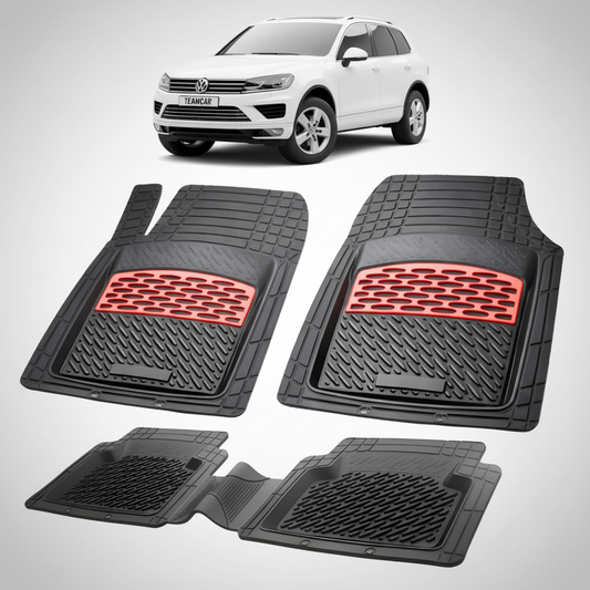 set de covorase din cauciuc negre cu accente rosii cu un volkswagen touareg 2 alb in fundal