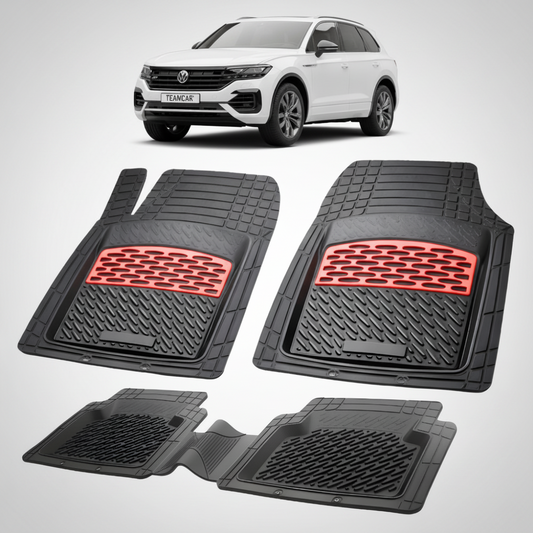 set de covorase din cauciuc negre cu accente rosii cu un volkswagen touareg 3 alb in fundal