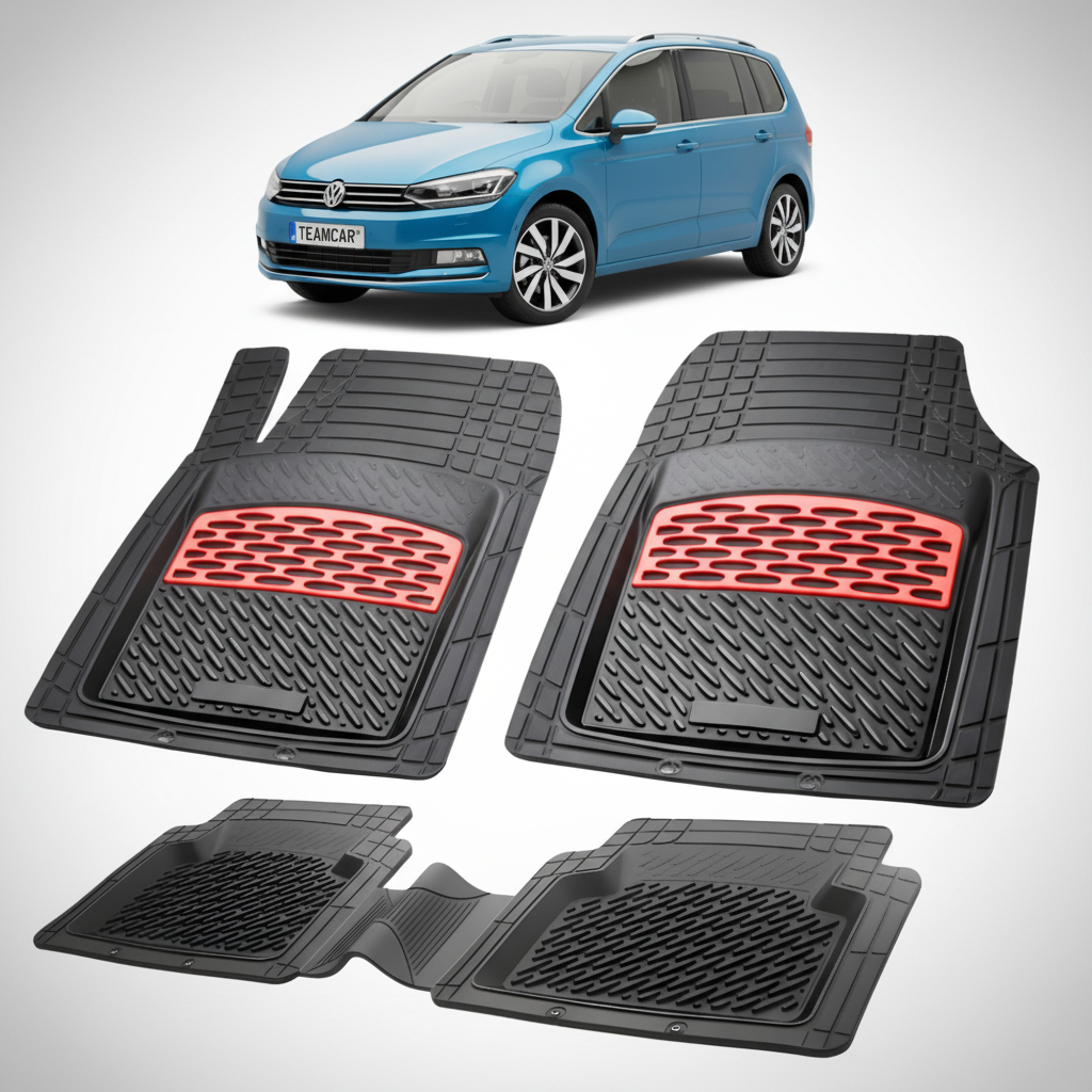 set de covorase din cauciuc negre cu accente rosii cu un Volkswagen touran ii albastru in fundal