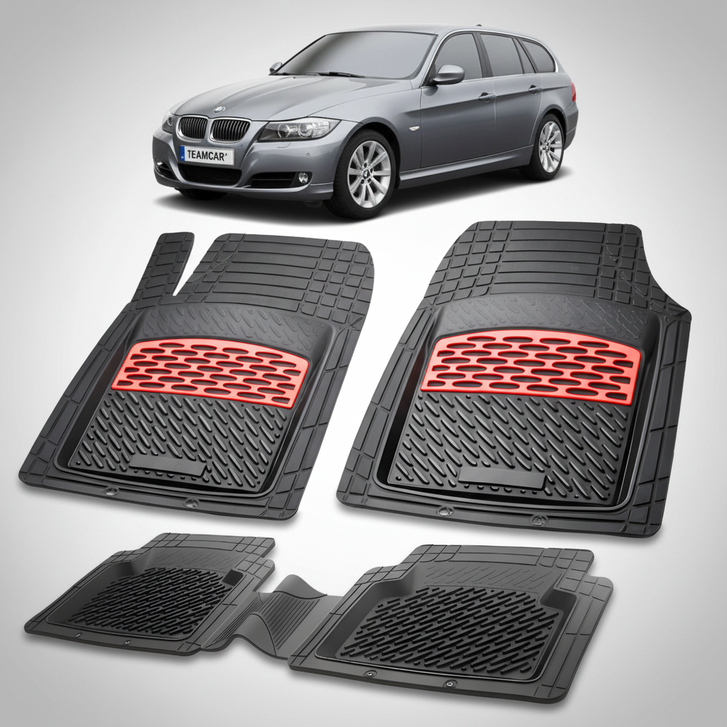 Set of black car mats with red accents on a white background, featuring a BMW car.