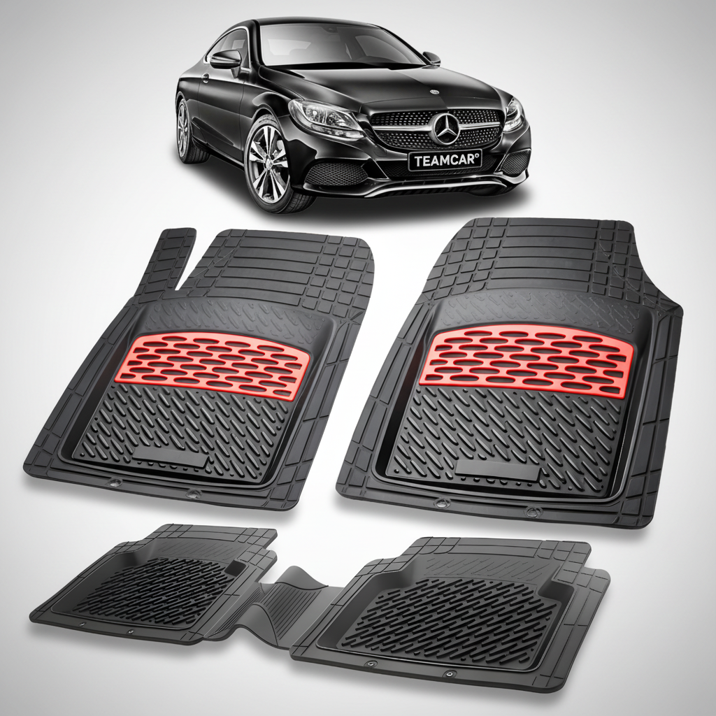 Set of black car floor mats with red accents on a white background, featuring a Mercedes-Benz car.