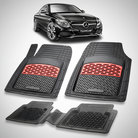 Set of black car floor mats with red accents on a white background, featuring a Mercedes-Benz car.