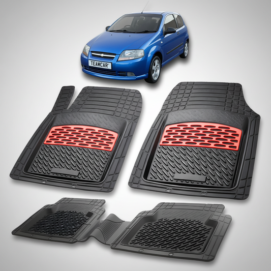 Set of black car floor mats with red accents on a white background, featuring a blue car.