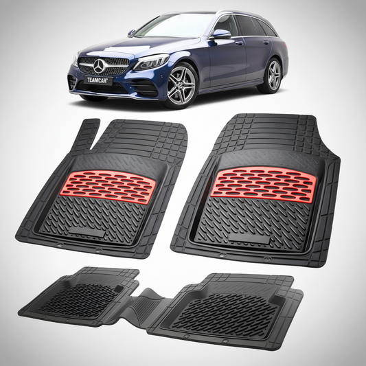 Set of car floor mats with red accents on a white background, featuring a Mercedes-Benz car.