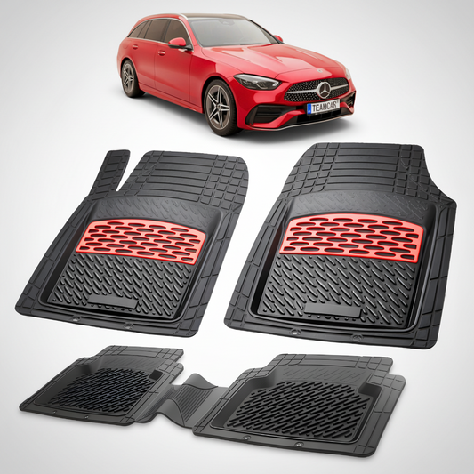 Set of black car floor mats with red accents on a white background, featuring a red Mercedes-Benz car.