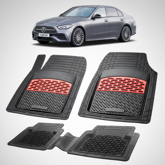 Set of car floor mats with red honeycomb pattern on a white background, featuring a Mercedes-Benz car.
