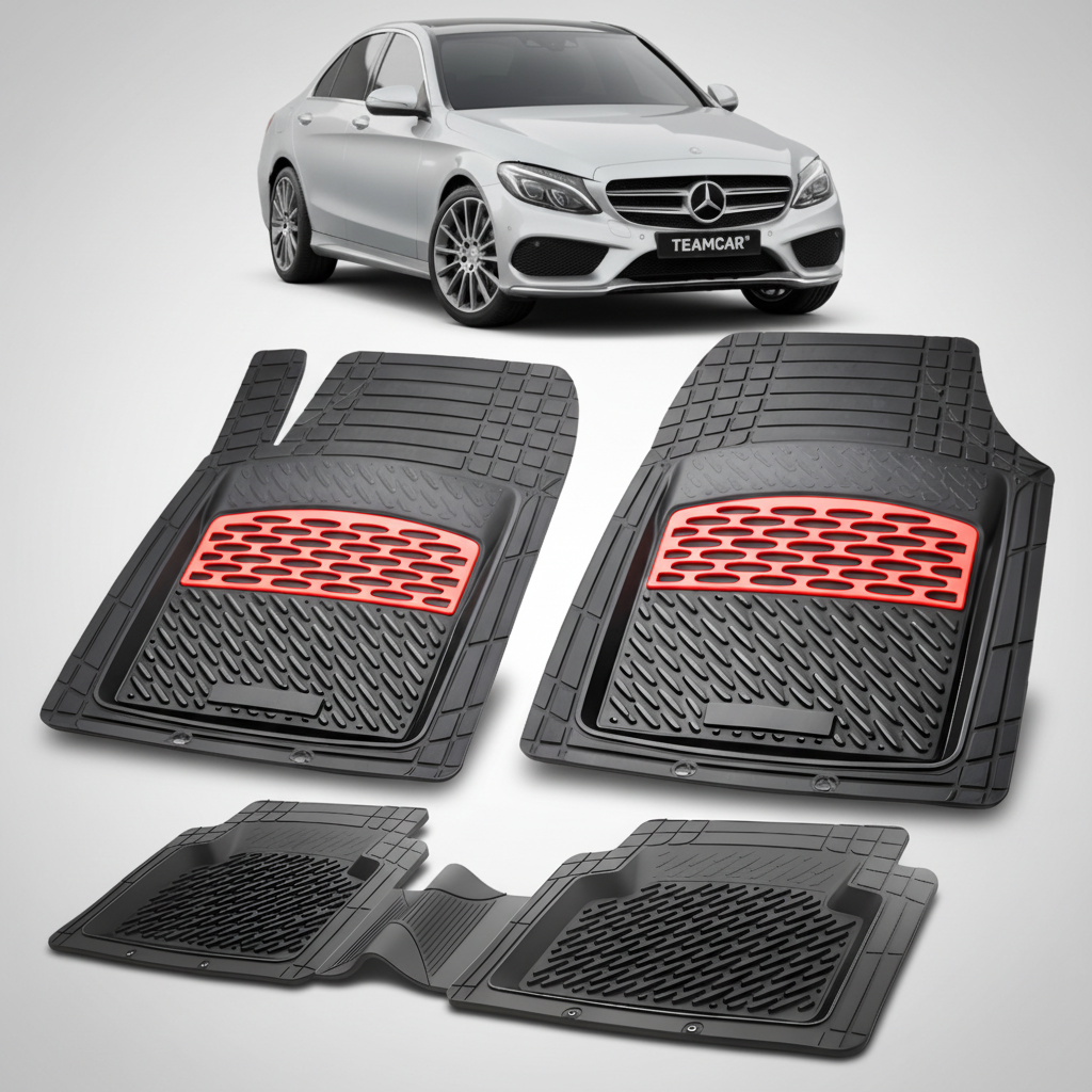 Set of car floor mats with red accents on a white background, featuring a Mercedes-Benz car.
