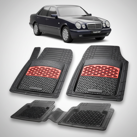 Set of black car floor mats with red accents on a white background, featuring a car in the top corner.