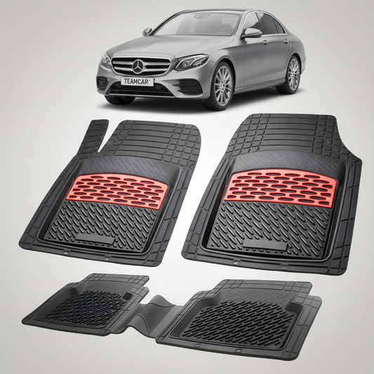 Set of black car floor mats with red accents on a white background, featuring a Mercedes-Benz car.