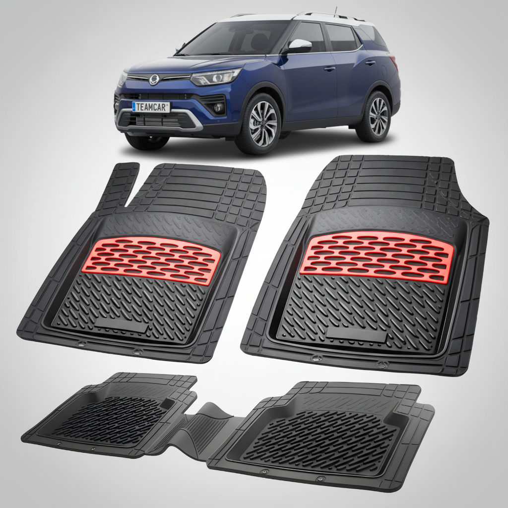Set de covorase negre din cauciuc cu insertii rosii pentru ssangyong tivoli grand cu un ssangyong tivoli grand albastru p fundal.