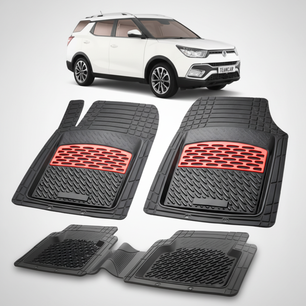 Set de covorașe auto negre cu accente roșii pe fundal alb, cu un SUV alb ssangyong tivoli xlv.