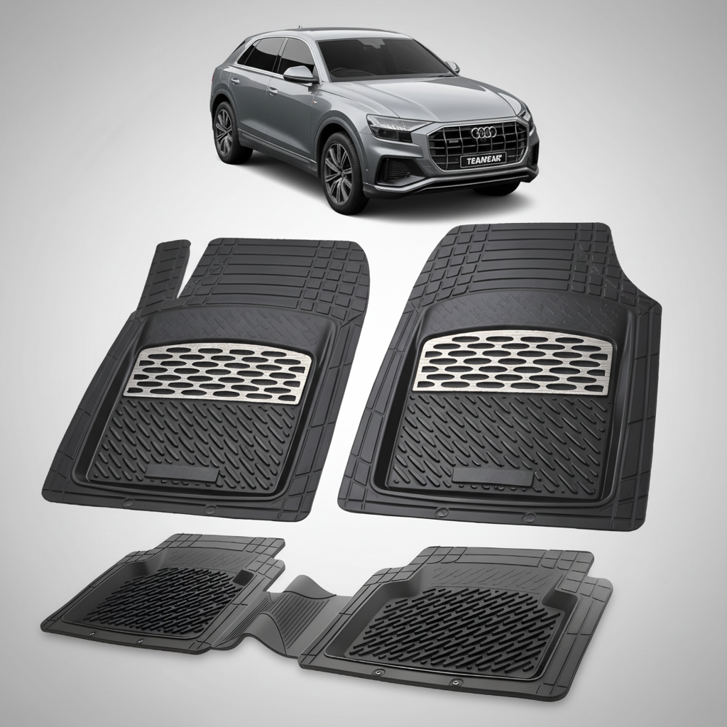 Set of black car floor mats with an Audi vehicle in the background