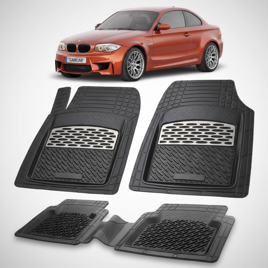Set of black car floor mats with a red car in the background