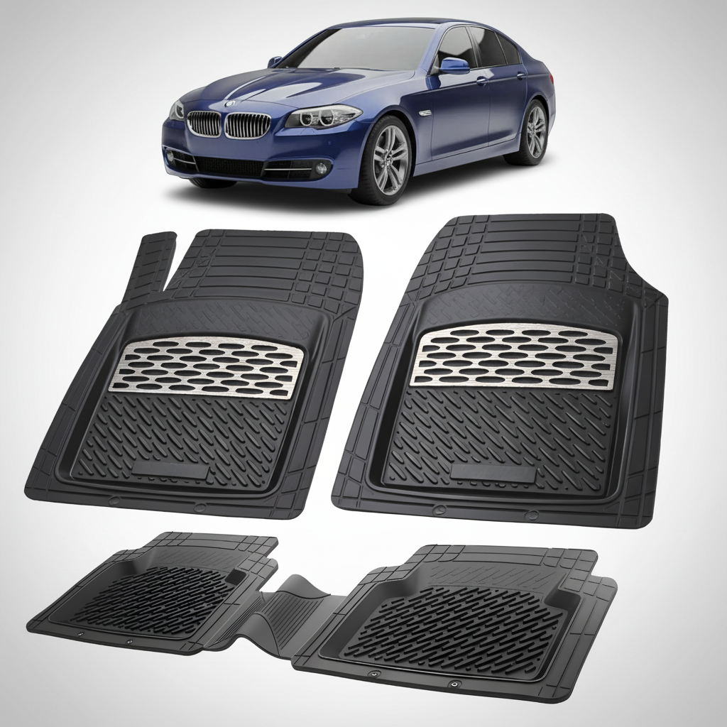 Set of black car floor mats with a blue car in the background