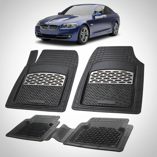 Set of black car floor mats with a blue car in the background